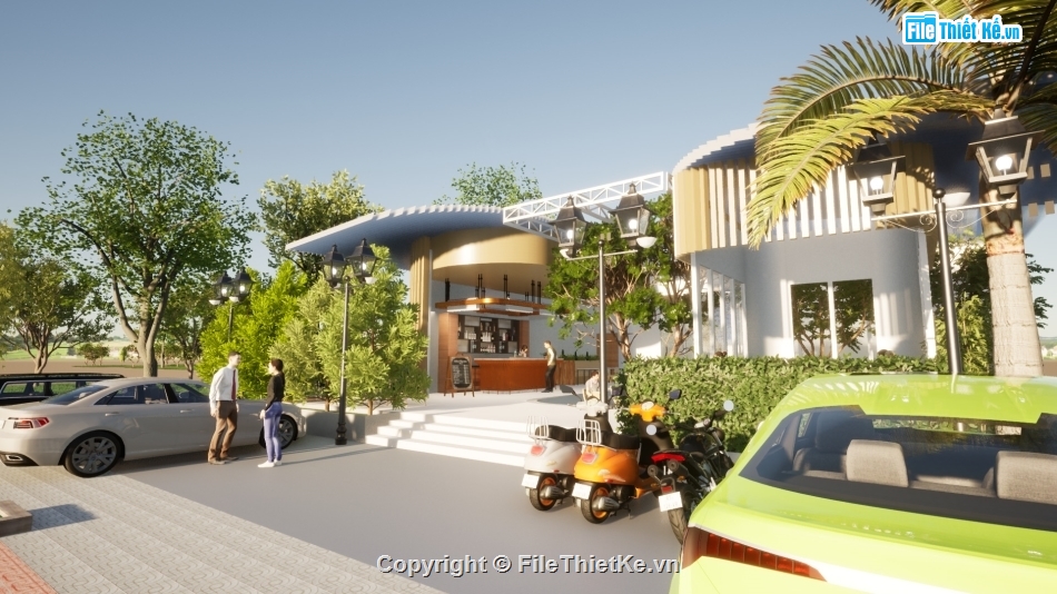 Sketchup nội thất,file cad vẽ quán cà phê,quán cafe